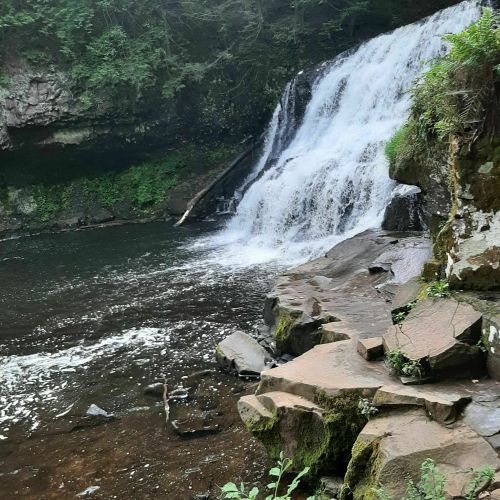 A serene waterfall cascading over rocks, surrounded by lush greenery and a calm pool of water below.