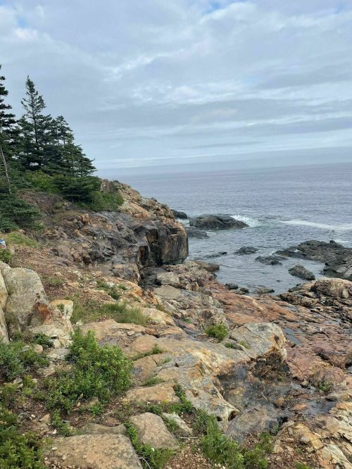 Rocky coastline with lush greenery and calm ocean waves under a cloudy sky.