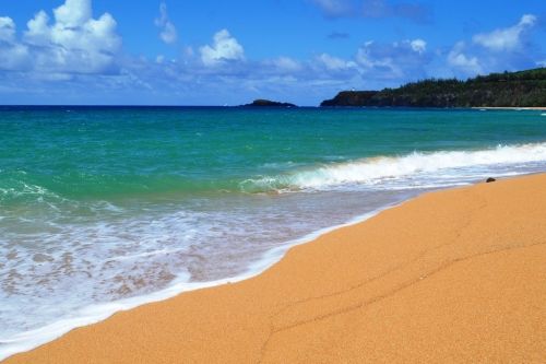A serene beach scene with golden sand, gentle waves, and a clear blue sky with fluffy clouds.