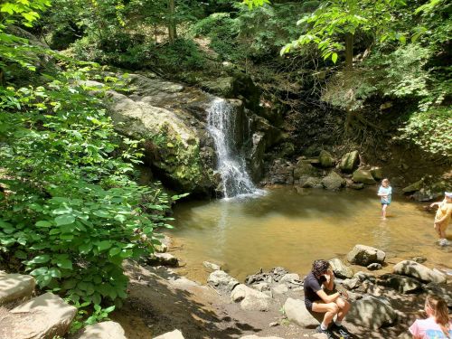 A serene waterfall cascades into a small pool surrounded by lush greenery, with people enjoying the natural setting.