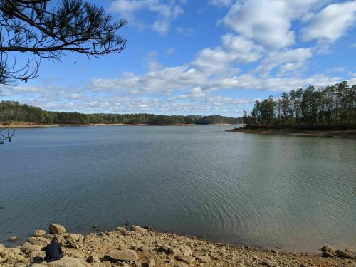 A serene lake surrounded by trees under a partly cloudy sky, with rocky shores and calm waters.