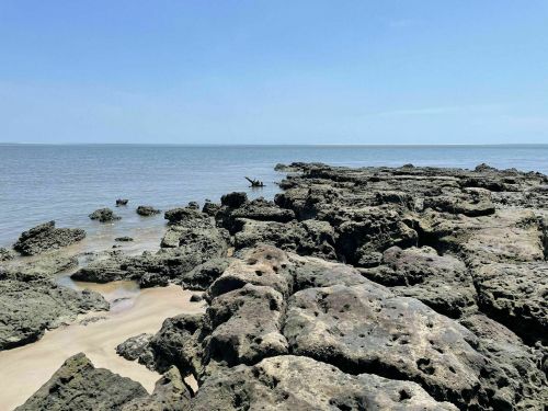 Rocky shoreline with calm water and clear blue sky, creating a serene coastal landscape.
