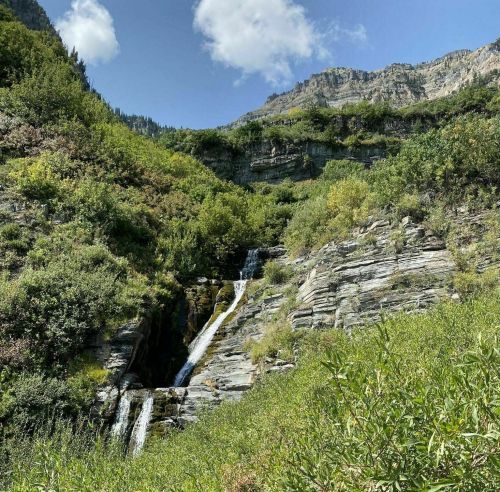 A serene waterfall cascades down rocky cliffs, surrounded by lush greenery and mountains under a blue sky with clouds.