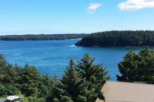 A serene view of a blue lake surrounded by lush green trees and a distant forested shoreline under a clear sky.