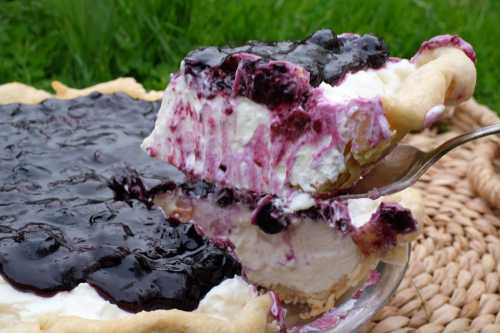 A slice of blueberry cream pie being lifted from a pie dish, with a grassy background.