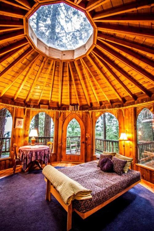 Cozy wooden bedroom with a circular ceiling, skylight, and large windows overlooking a forested area.