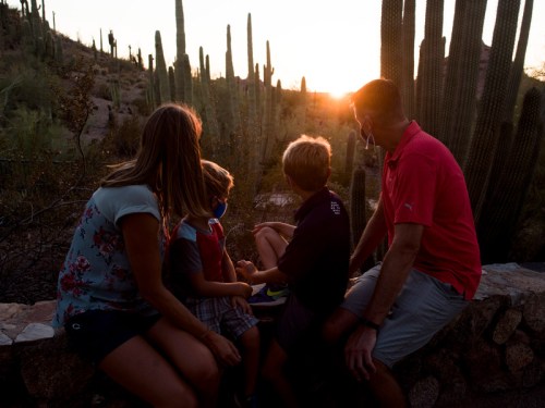 A family of four sits on a stone wall, enjoying a sunset among cacti in a desert landscape.