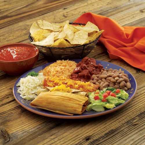 A colorful plate of Mexican food featuring rice, beans, tamale, guacamole, and tortilla chips with salsa.