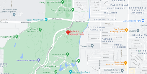 Map showing Gertrude's Restaurant and surrounding areas, including parks and sports complexes in Papago Park, Arizona.