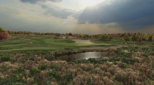 A scenic golf course landscape with lush greenery, water features, and a dramatic sky.