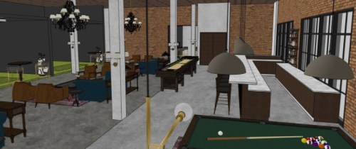 Interior of a modern lounge with pool tables, a bar, and stylish seating, featuring brick walls and elegant lighting.