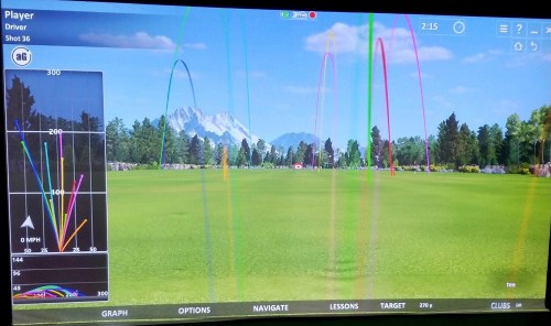 A golf simulator screen displaying shot trajectories, player stats, and a scenic mountain background.