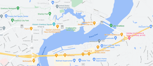Map of Granbury, Texas, highlighting parks, roads, and local businesses near Lake Granbury.