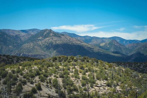A panoramic view of mountains with green vegetation and a clear blue sky, showcasing a serene natural landscape.