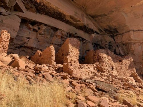 Ancient stone ruins nestled under a rocky overhang, surrounded by dry grass and rocky terrain.