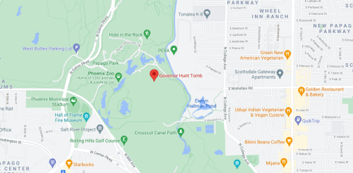 Map showing the location of Governor Hunt Tomb within Papago Park, near Phoenix Zoo and surrounding areas.