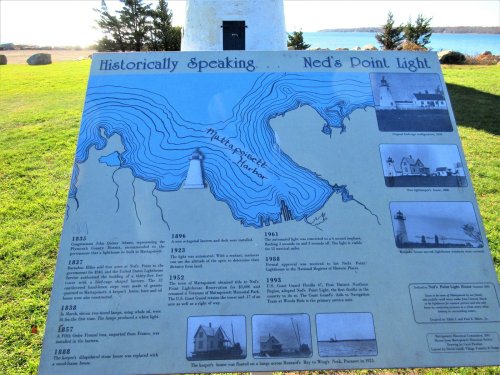 Sign detailing the history of Ned's Point Light, featuring a map and images of the lighthouse and surrounding area.