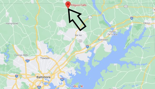 Map showing Kilgore Falls location in Maryland, with an arrow pointing to it from the surrounding area.
