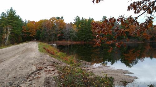 A serene lakeside scene with autumn foliage, a dirt road, and reflections of trees in the calm water.