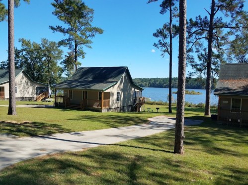 A serene lakeside view featuring cabins surrounded by trees and a clear blue sky.