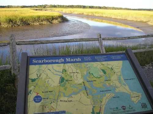 Map of Scarborough Marsh with a scenic view of the marshland and waterway in the background.