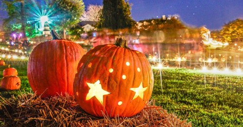 Two carved pumpkins with star designs sit on hay, illuminated against a backdrop of twinkling lights at night.