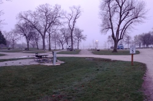 A foggy park scene with trees, picnic tables, and a sign indicating a speed limit of 5.