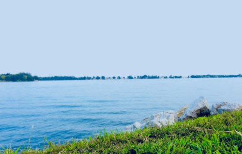 A serene view of a calm lake with green grass and rocks in the foreground, under a clear blue sky.