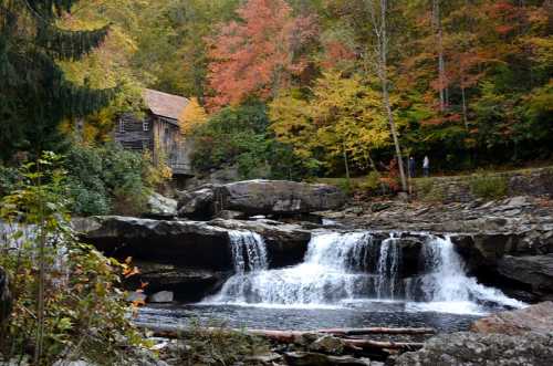 A serene waterfall flows past rocks, with a rustic cabin and vibrant autumn foliage in the background.