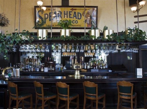 A stylish bar with a dark wooden counter, hanging plants, and an array of glassware under vintage signage.