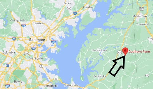 Map showing Baltimore and surrounding areas, with an arrow pointing to Godfrey's Farm to the east.