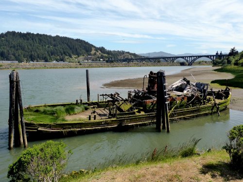 A rusted shipwreck sits in a calm river, surrounded by greenery and hills, with a bridge in the background.