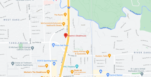 Map showing the location of Mastros Steakhouse, near various shops and restaurants in a suburban area.