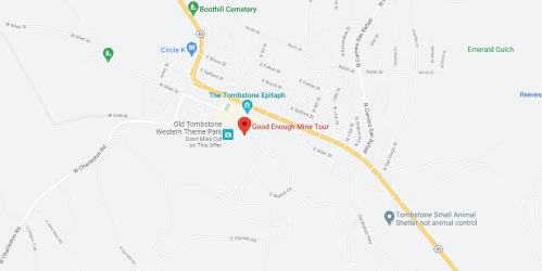 Map showing the layout of Tombstone, Arizona, highlighting the Good Enough Mine Tour and nearby landmarks.