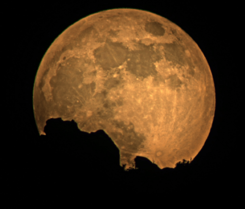 A large, glowing orange full moon rises behind a dark silhouette of mountains.