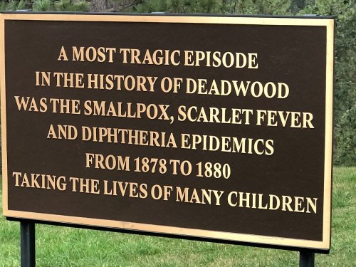 A bronze plaque detailing the smallpox, scarlet fever, and diphtheria epidemics in Deadwood from 1878 to 1880.