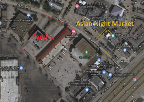 Aerial view of a parking area near the Asian Night Market, with nearby buildings labeled, including SWAN INN and a community center.