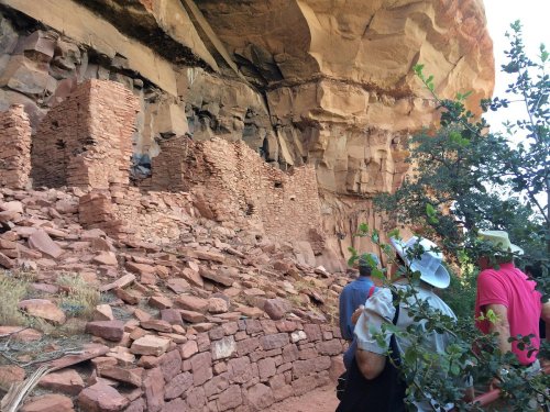 Ancient stone ruins nestled under a rocky overhang, with visitors observing the site amidst surrounding vegetation.