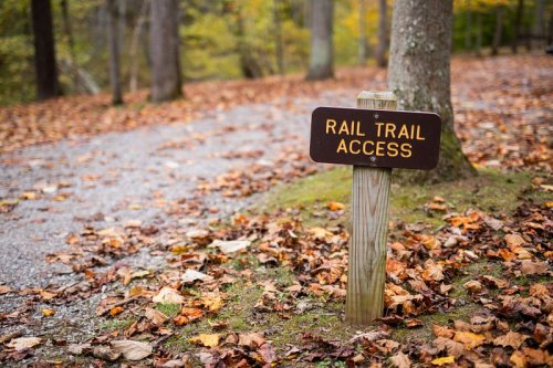 A wooden sign reading "Rail Trail Access" stands on a path covered with autumn leaves in a wooded area.