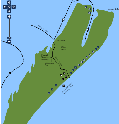Map of an island showing ferry routes, a ferry dock, and a swimming station, with marked maintenance areas.