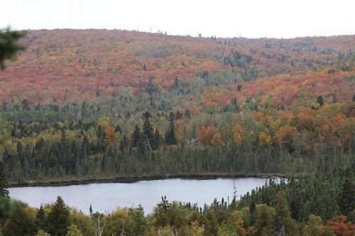 A serene lake surrounded by vibrant autumn foliage and rolling hills under a cloudy sky.