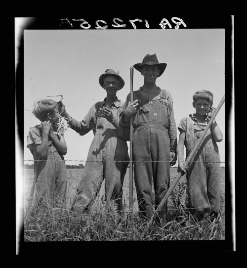 Four boys in overalls stand by a fence, holding tools, with a field in the background under a clear sky.