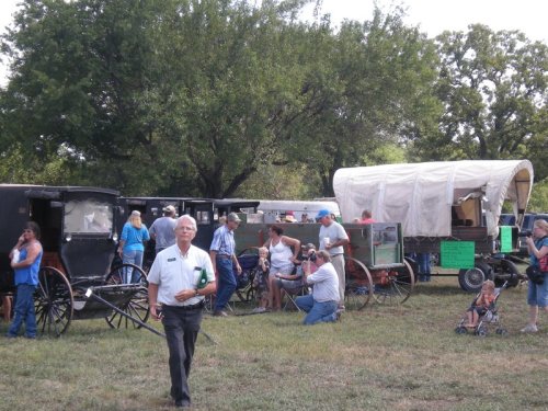 A gathering of people near horse-drawn carriages and a covered wagon in a grassy area with trees.