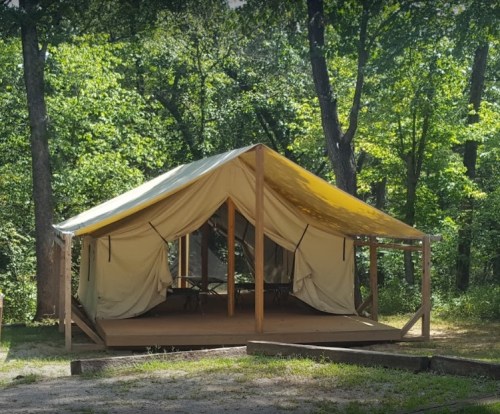 A large canvas tent with a yellow roof, set on a wooden platform in a lush green forest.