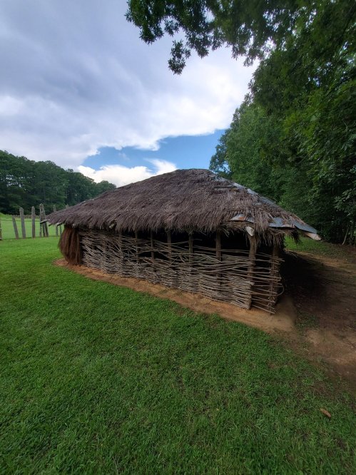 A thatched-roof hut made of woven branches, set in a grassy area surrounded by trees and a cloudy sky.