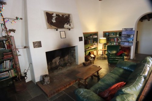 Cozy living room with a green leather sofa, fireplace, bookshelves, and a lamp, featuring warm, inviting decor.