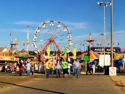 A vibrant carnival scene with a Ferris wheel, colorful rides, and people walking along a fairground path.