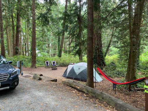 A campsite in a forest with a tent, two chairs, a hammock, and a parked car on a gravel path.