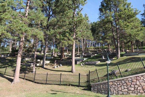 A serene cemetery with gravestones nestled among tall trees and a black fence, under a clear blue sky.