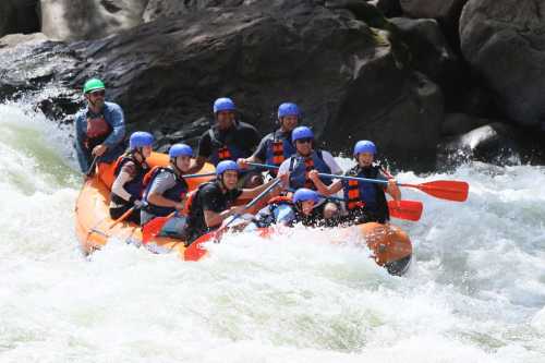 A group of people in helmets paddling an orange raft through whitewater rapids.